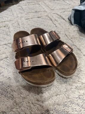 Birkenstock Women's Double-Strap Metallic Rose Gold Sandals